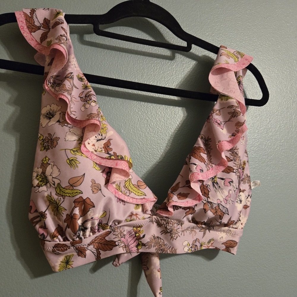 Aerie Floral Ruffle Swim Top - Pink and Brown